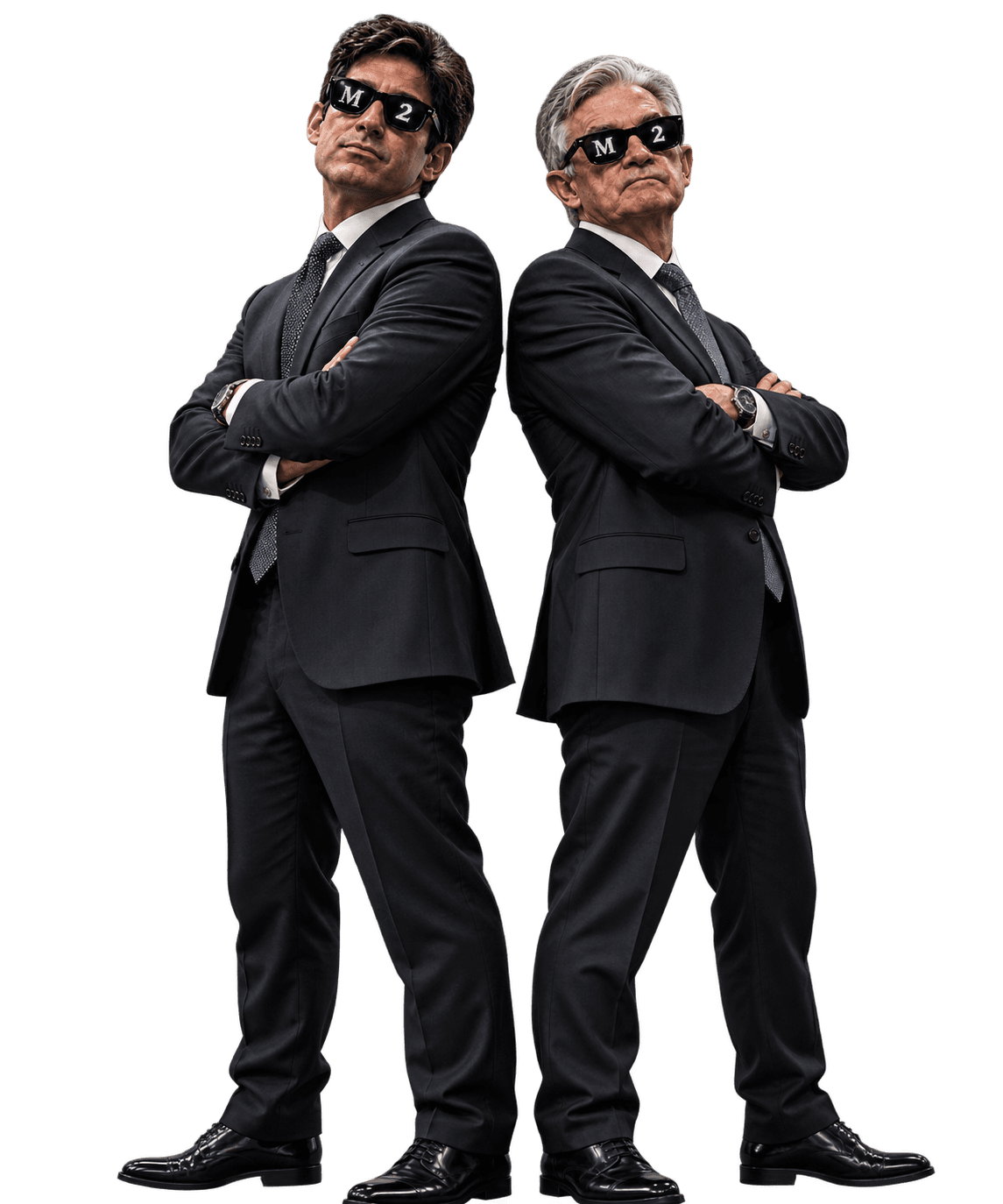 Two suited M2 figures standing back to back
