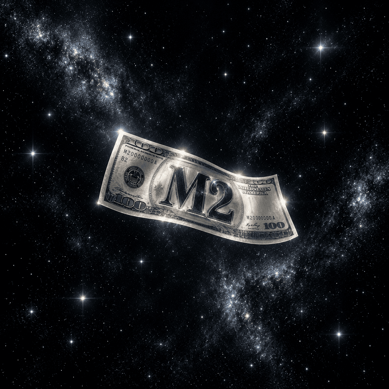 A silver M2 note floating through space