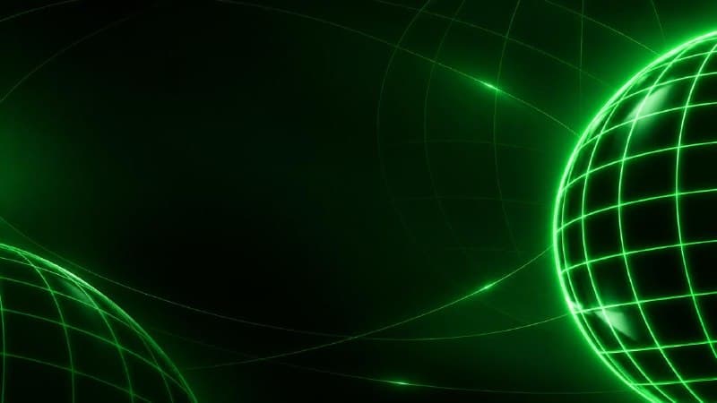 Neon green wireframe globes connected across a dark network